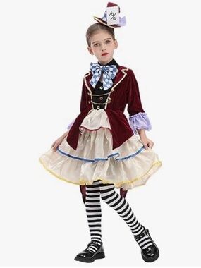 Girls Mad Hatter Costume Medium Burgundy Alice Wonderland Tea Party